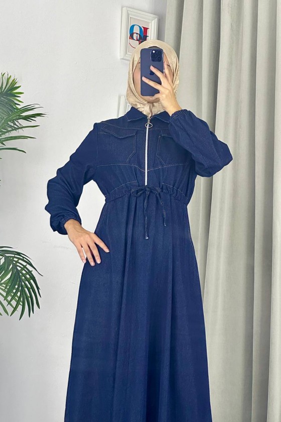 889 - Bel Büzgülü Kot Tesettür Elbise Laci̇vert A5