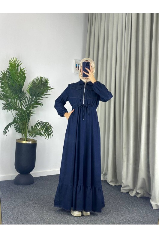 889 - Bel Büzgülü Kot Tesettür Elbise Laci̇vert A5