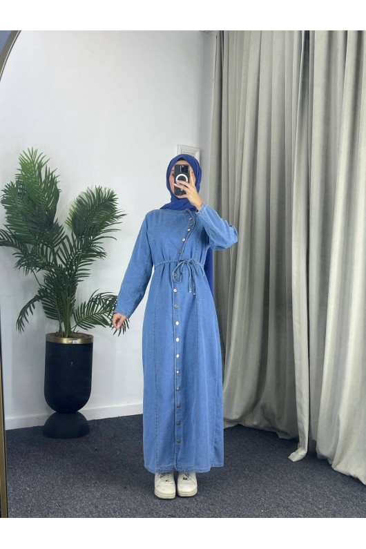 4043 - Kot Kumaş Kemerli Tesettür Elbise Mavi̇