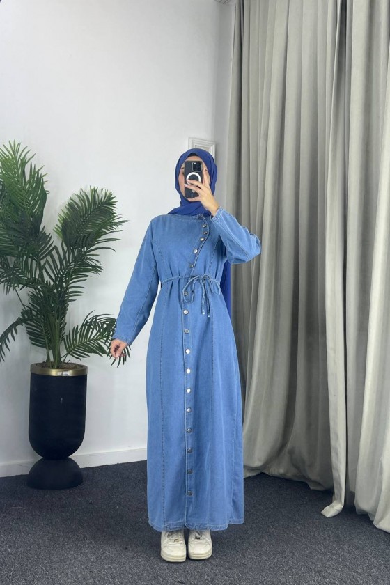 4043 - Kot Kumaş Kemerli Tesettür Elbise Mavi̇