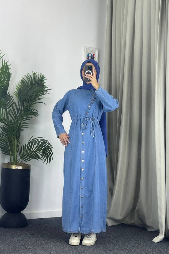 4043 - Kot Kumaş Kemerli Tesettür Elbise Mavi̇