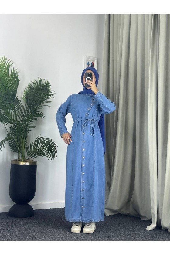 4043 - Kot Kumaş Kemerli Tesettür Elbise Mavi̇