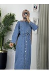 4043 - Kot Kumaş Kemerli Tesettür Elbise Mavi̇