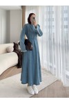 7878 - Püskül Detaylı Kot Tesettür Elbise Mavi̇