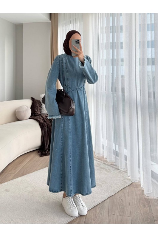 7878 - Püskül Detaylı Kot Tesettür Elbise Mavi̇