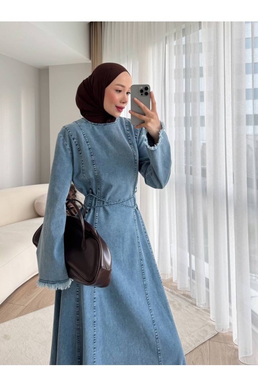 7878 - Püskül Detaylı Kot Tesettür Elbise Mavi̇