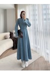 7878 - Püskül Detaylı Kot Tesettür Elbise Mavi̇