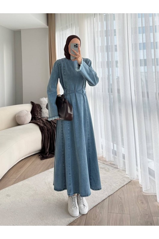 7878 - Püskül Detaylı Kot Tesettür Elbise Mavi̇