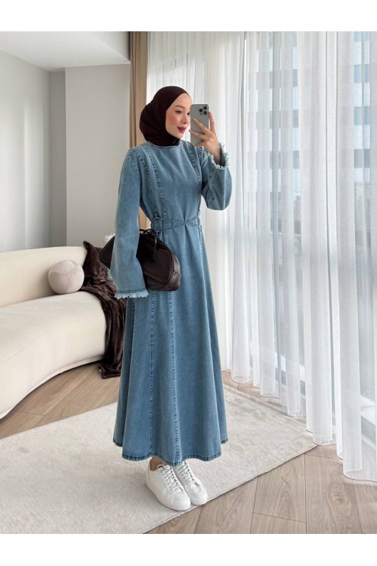 7878 - Püskül Detaylı Kot Tesettür Elbise Mavi̇