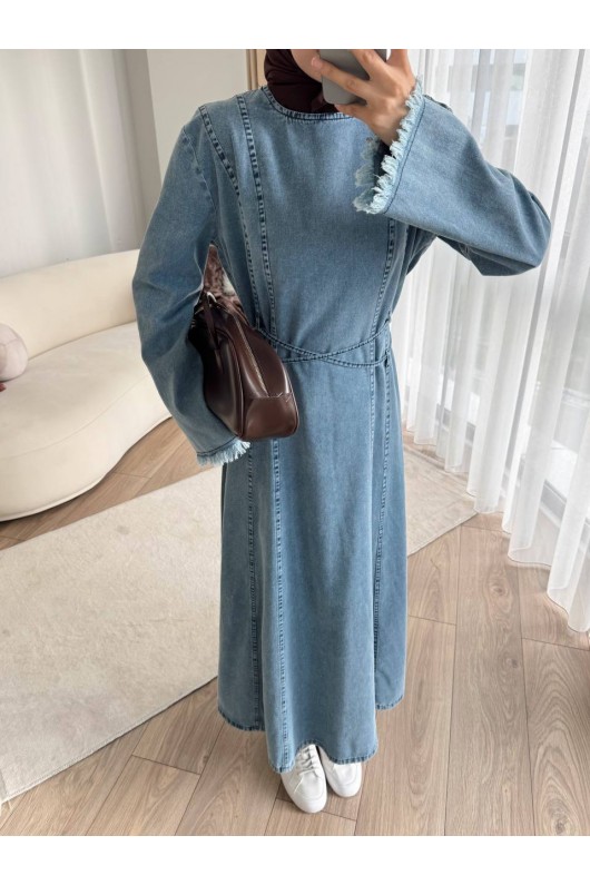 7878 - Püskül Detaylı Kot Tesettür Elbise Mavi̇