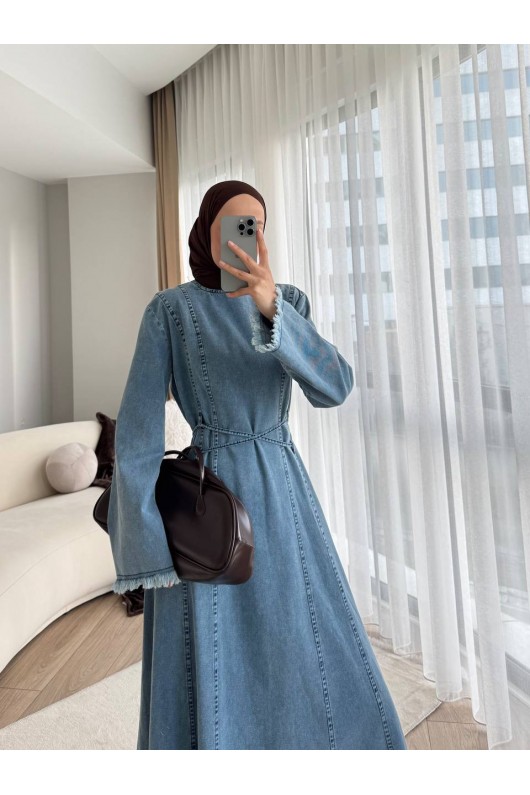 7878 - Püskül Detaylı Kot Tesettür Elbise Mavi̇