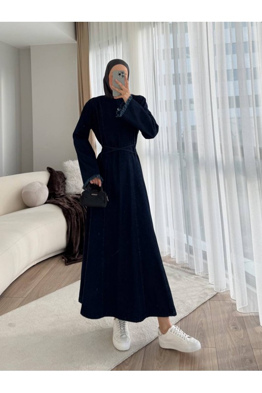 7878 - Püskül Detaylı Kot Tesettür Elbise Laci̇vert