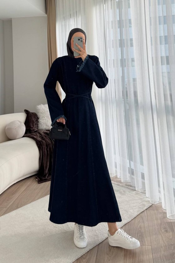 7878 - Püskül Detaylı Kot Tesettür Elbise Laci̇vert