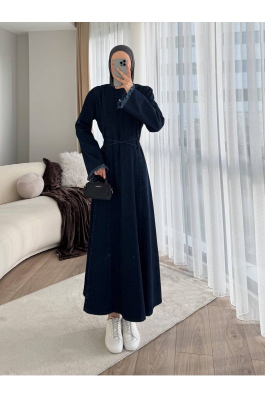 7878 - Püskül Detaylı Kot Tesettür Elbise Laci̇vert