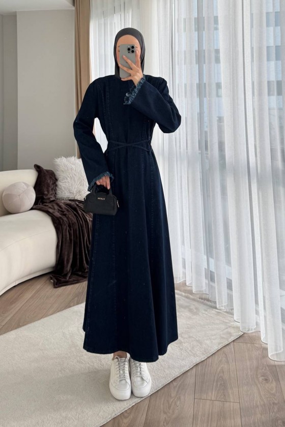 7878 - Püskül Detaylı Kot Tesettür Elbise Laci̇vert