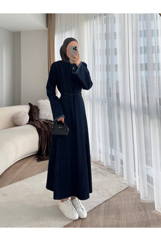 7878 - Püskül Detaylı Kot Tesettür Elbise Laci̇vert