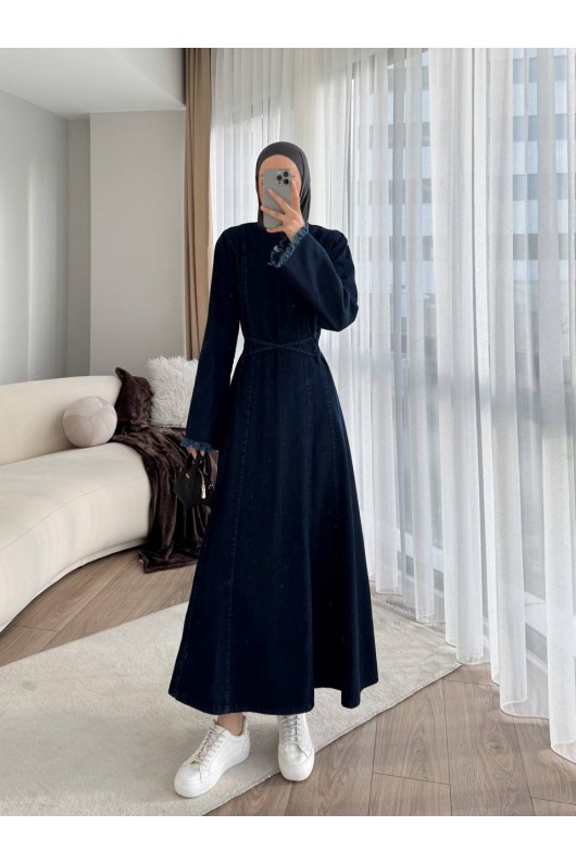 7878 - Püskül Detaylı Kot Tesettür Elbise Laci̇vert