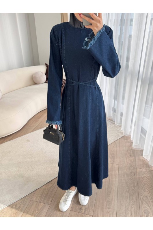 7878 - Püskül Detaylı Kot Tesettür Elbise Laci̇vert