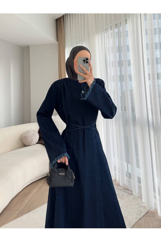 7878 - Püskül Detaylı Kot Tesettür Elbise Laci̇vert