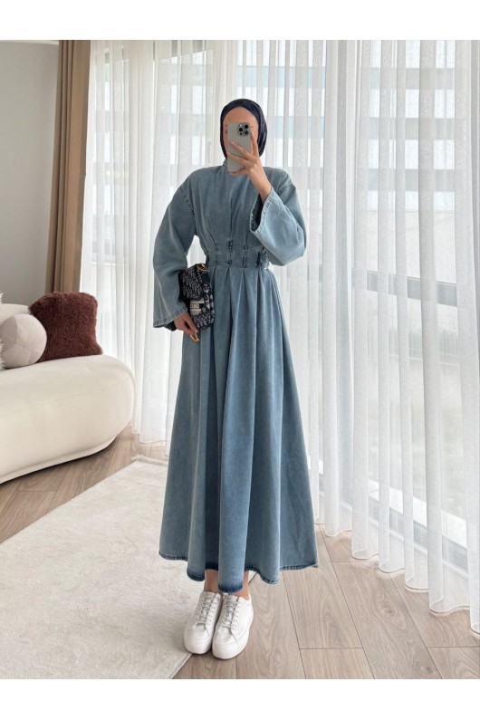 68680 - Kot Kumaş Tesettür Elbise Mavi̇