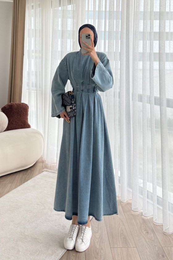 68680 - Kot Kumaş Tesettür Elbise Mavi̇