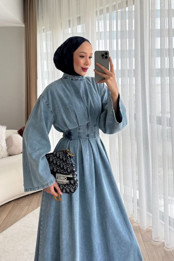 68680 - Kot Kumaş Tesettür Elbise Mavi̇