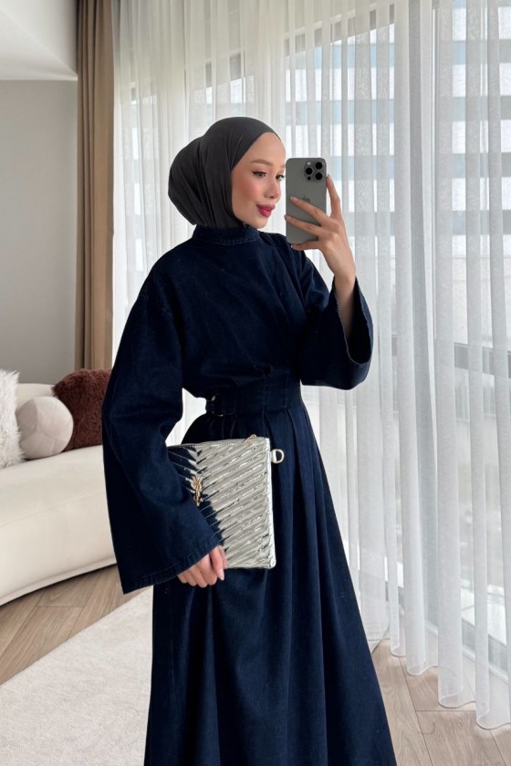 68680 - Kot Kumaş Tesettür Elbise Laci̇vert