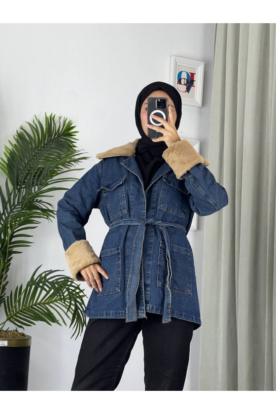 81185 - Kürk Detaylı Tesettür Ceket Laci̇vert