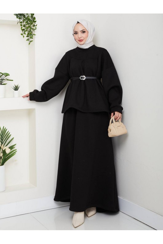 917 - Üç İplik Kumaş Tesettür İkili Takım Si̇yah