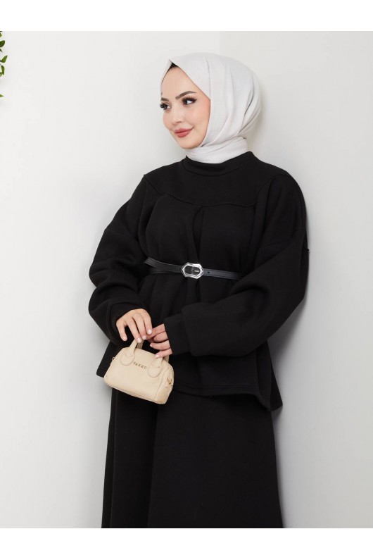 917 - Üç İplik Kumaş Tesettür İkili Takım Si̇yah