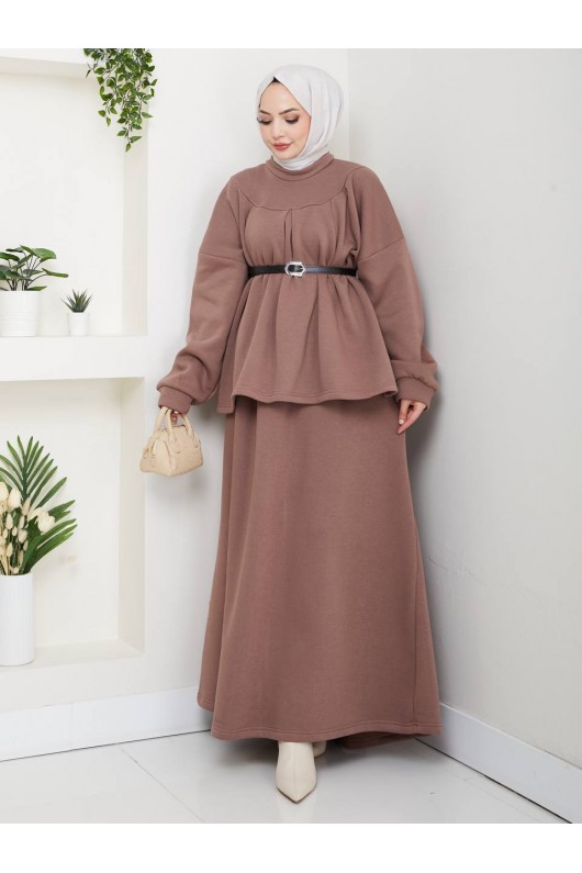 917 - Üç İplik Kumaş Tesettür İkili Takım Camel