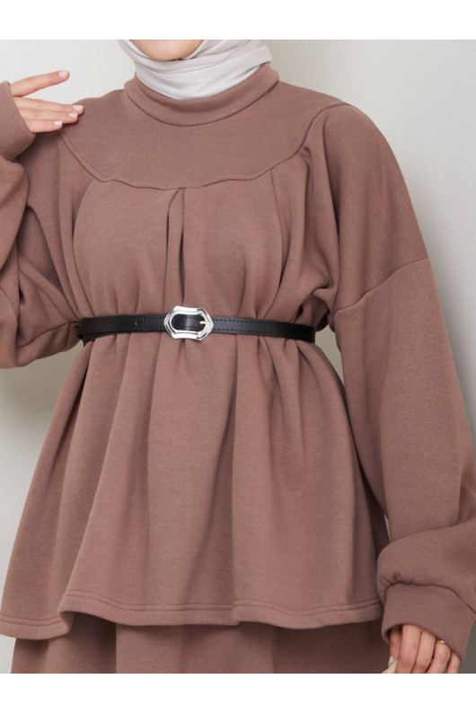 917 - Üç İplik Kumaş Tesettür İkili Takım Camel