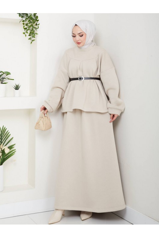 917 - Üç İplik Kumaş Tesettür İkili Takım Bej