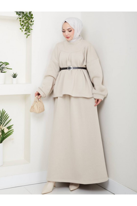 917 - Üç İplik Kumaş Tesettür İkili Takım Bej