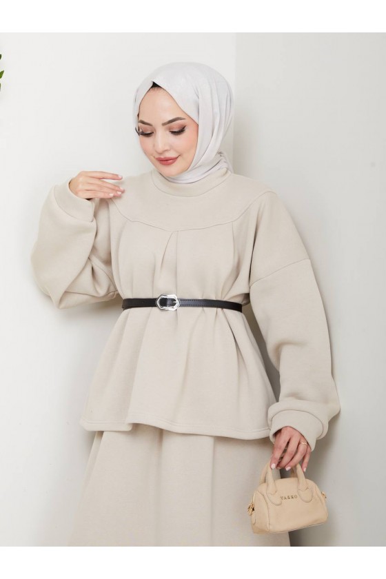 917 - Üç İplik Kumaş Tesettür İkili Takım Bej