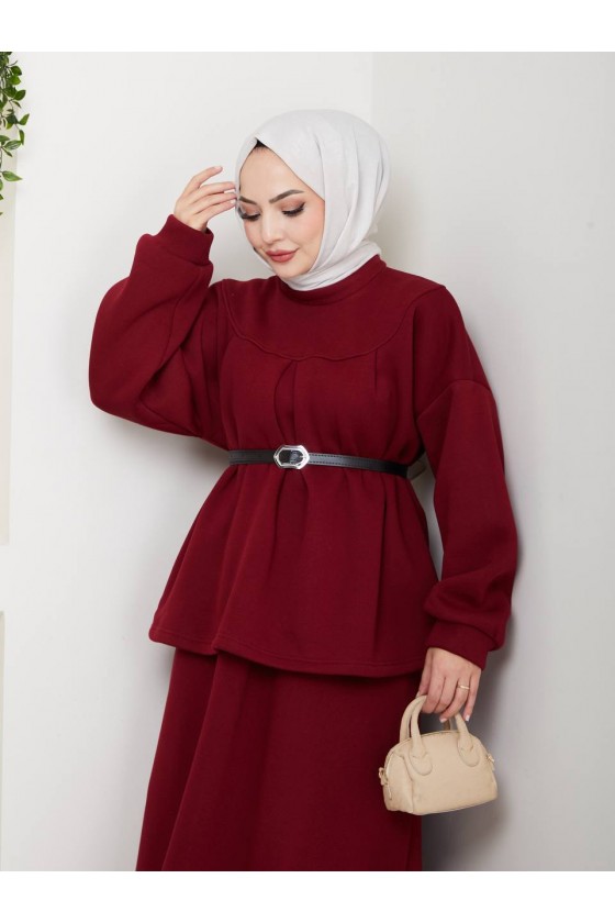 917 - Üç İplik Kumaş Tesettür İkili Takım Bordo