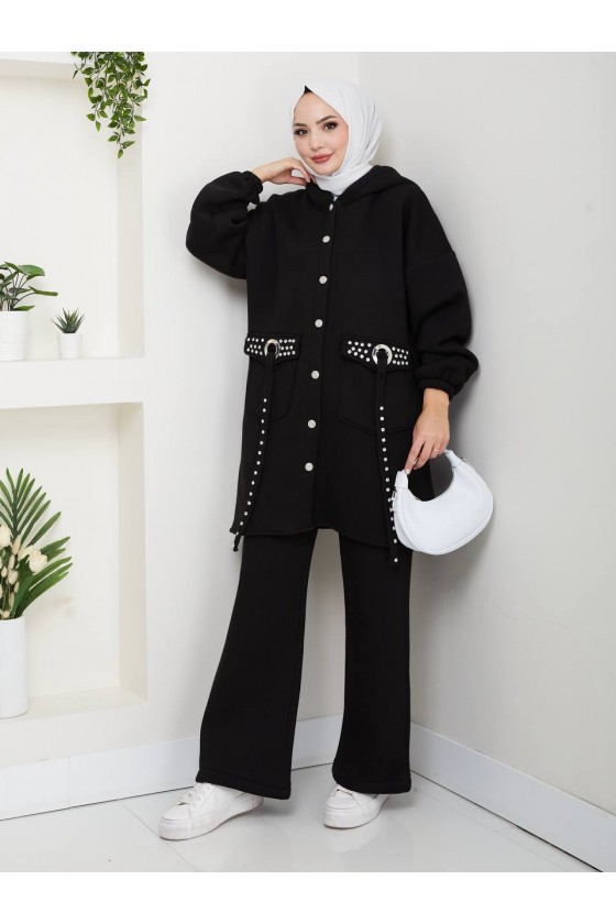 930 - Üç İplik Kumaş Tesettür İkili Takım Si̇yah