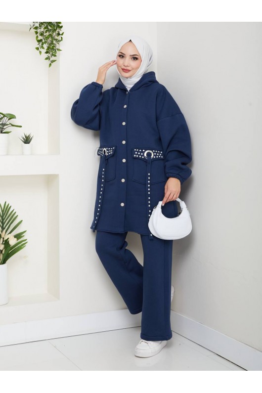 930 - Üç İplik Kumaş Tesettür İkili Takım Laci̇vert