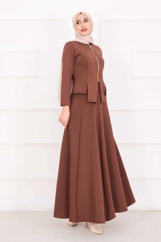 4558 - Scuba Kumaş İkili Tesettür Takım Kahverengi̇