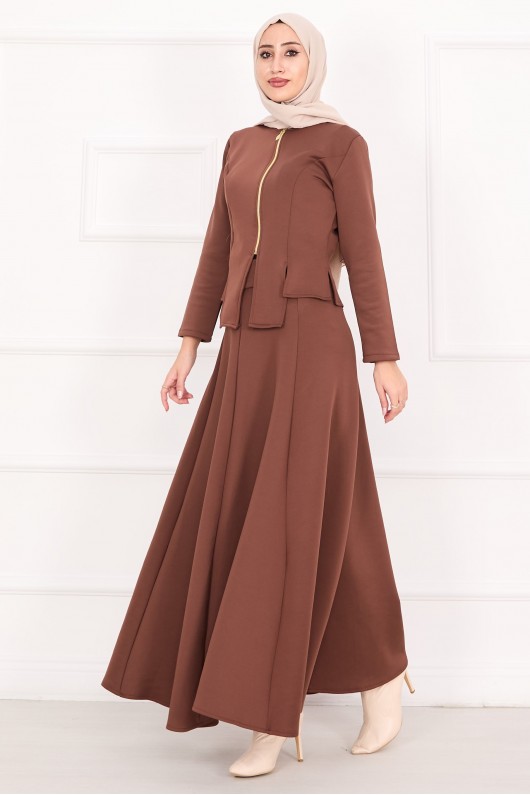 4558 - Scuba Kumaş İkili Tesettür Takım Kahverengi̇