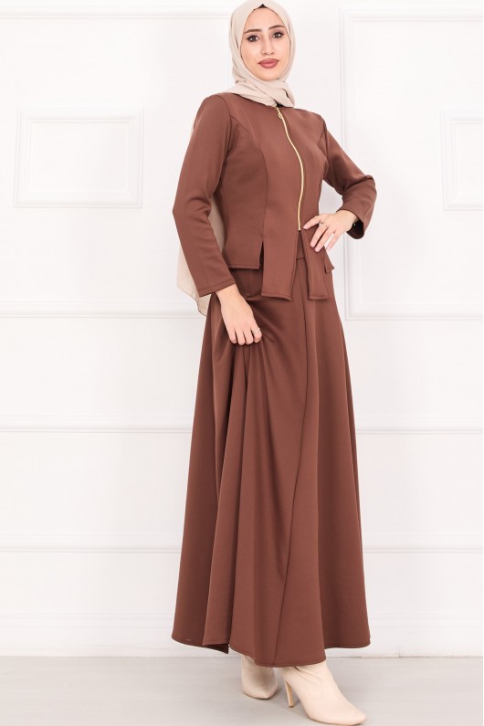 4558 - Scuba Kumaş İkili Tesettür Takım Kahverengi̇