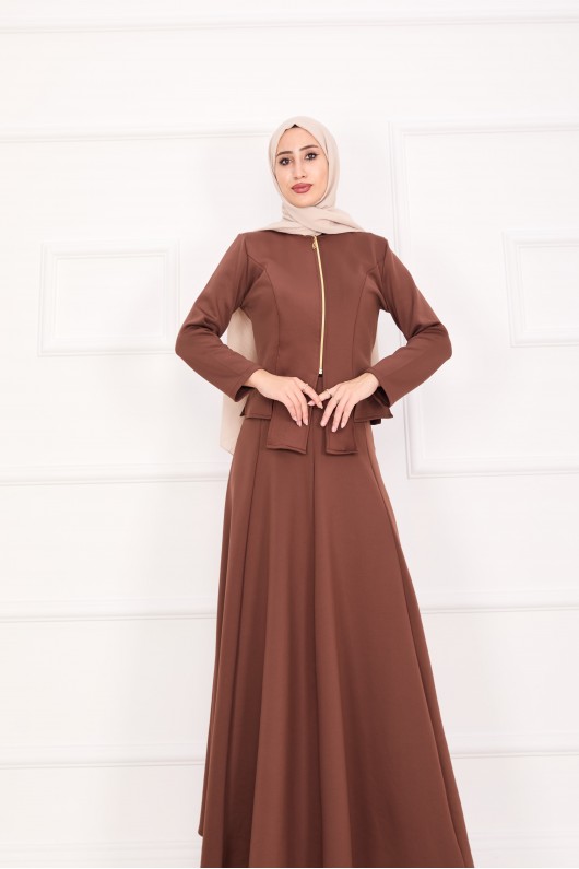 4558 - Scuba Kumaş İkili Tesettür Takım Kahverengi̇