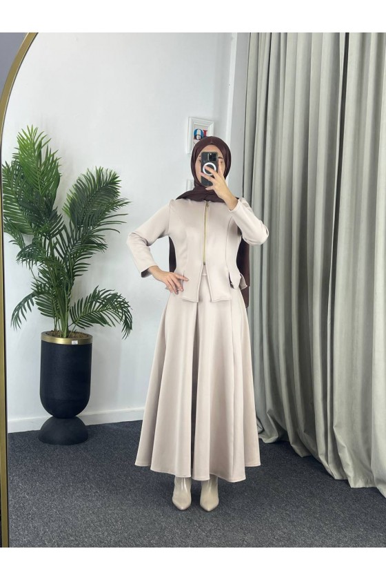 4558 - Scuba Kumaş İkili Tesettür Takım Bej