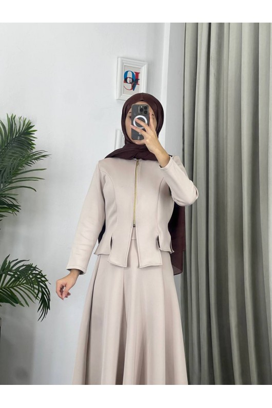 4558 - Scuba Kumaş İkili Tesettür Takım Bej