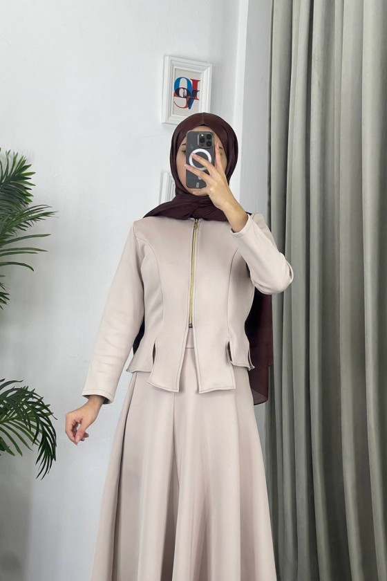 4558 - Scuba Kumaş İkili Tesettür Takım Bej