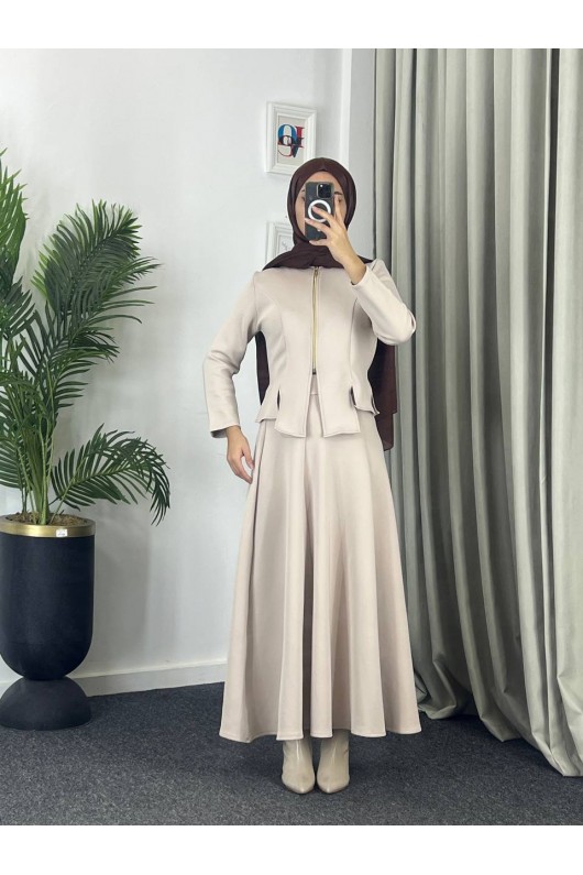 4558 - Scuba Kumaş İkili Tesettür Takım Bej