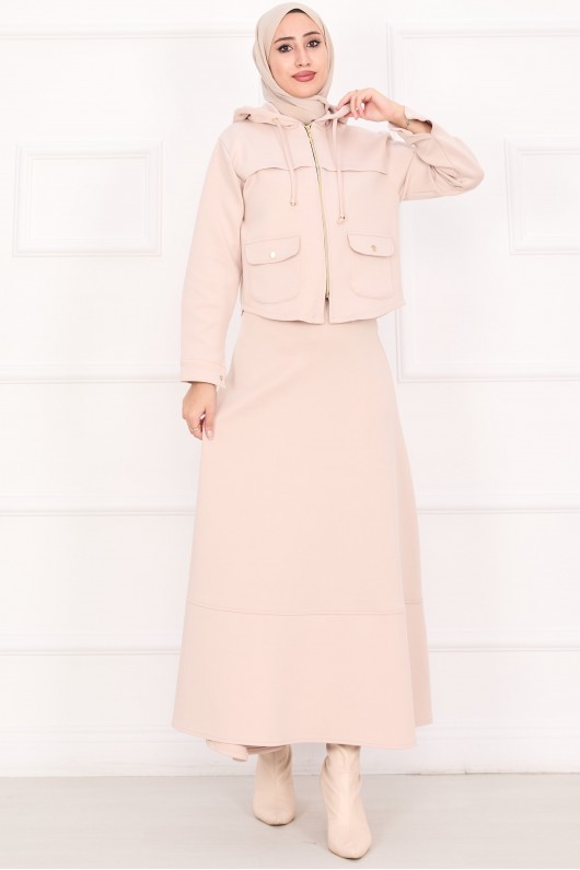 4560 - Scuba Kumaş İkili Tesettür Takım Bej
