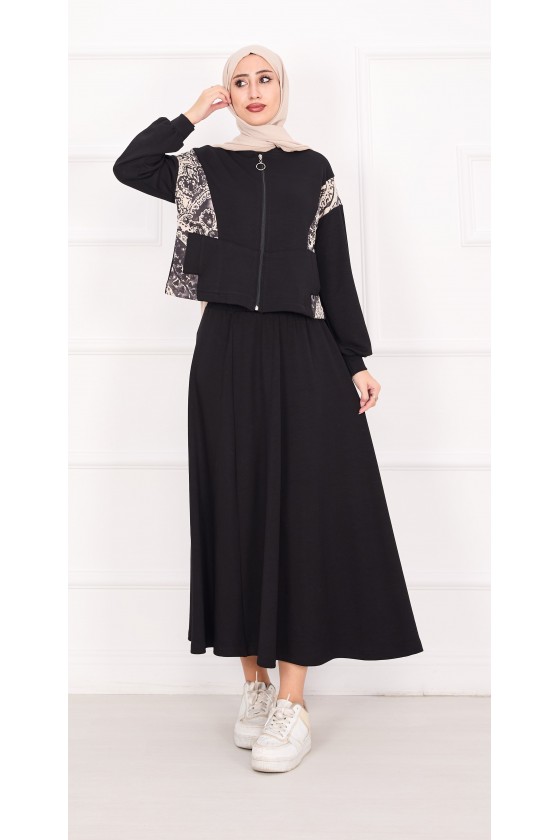 21130 - Garni Detaylı Croplu Etekli Takım Si̇yah A24 21130 - Garni Detaylı Croplu Etekli Takım Si̇yah A24