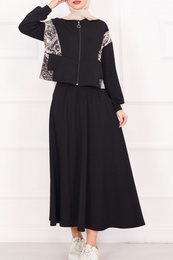 21130 - Garni Detaylı Croplu Etekli Takım Si̇yah A24 21130 - Garni Detaylı Croplu Etekli Takım Si̇yah A24