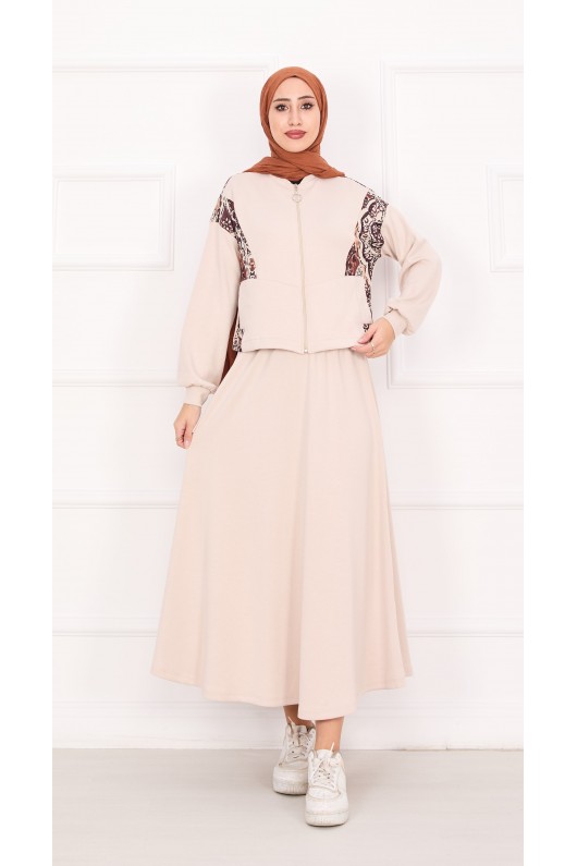 21130 - Garni Detaylı Croplu Etekli Takım Bej A24